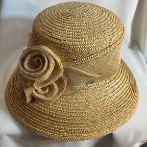 THE SCALA O/S Natural Fibres Hat Sheer Wide Band and 3D Flora Accent at Back
